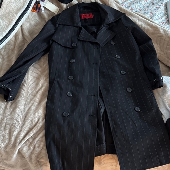 Tripp nyc Jackets & Blazers - Tripp NYC hot topic y2k double corset Black Pinstripe buckle Trench Coat 0X XL
